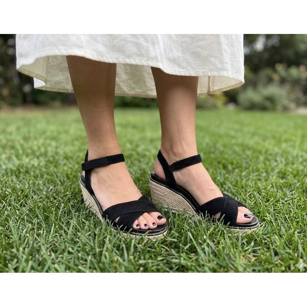 Cole Haan Cloudfeel Grandseries Black Suede Espadrille Wedge Sandals Size 8.5